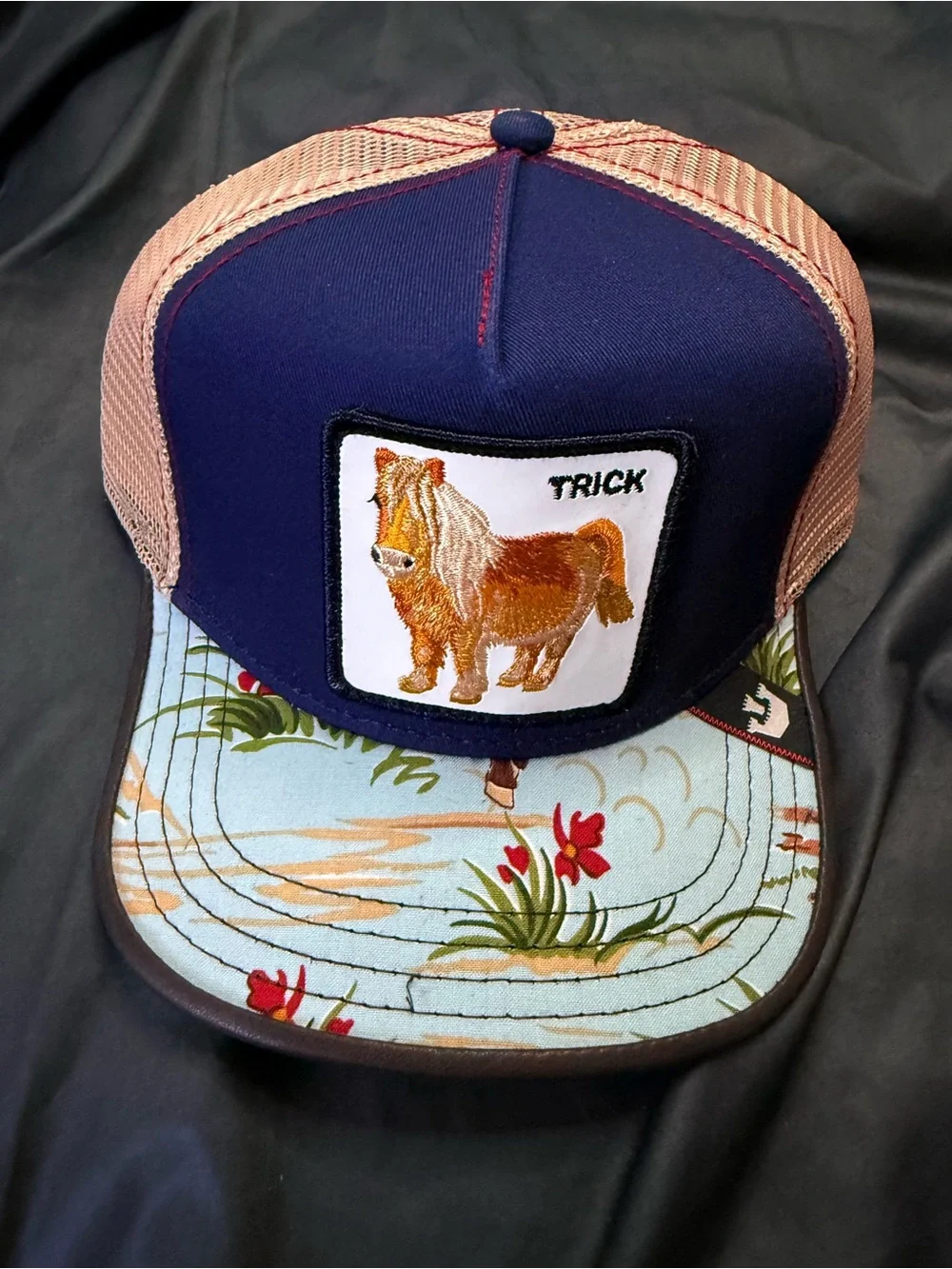 Goorin Bros Navy and Tan Trucker Hat with Pony Patch and Floral Bill - Picture 3 of 8